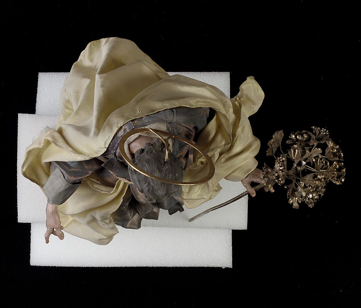 St. Joseph, Attributed to Salvatore di Franco (active 18th century), Polychromed terracotta head and wooden limbs; body of wire wrapped in tow; various fabrics; silver-gilt halo and staff, Italian, Naples