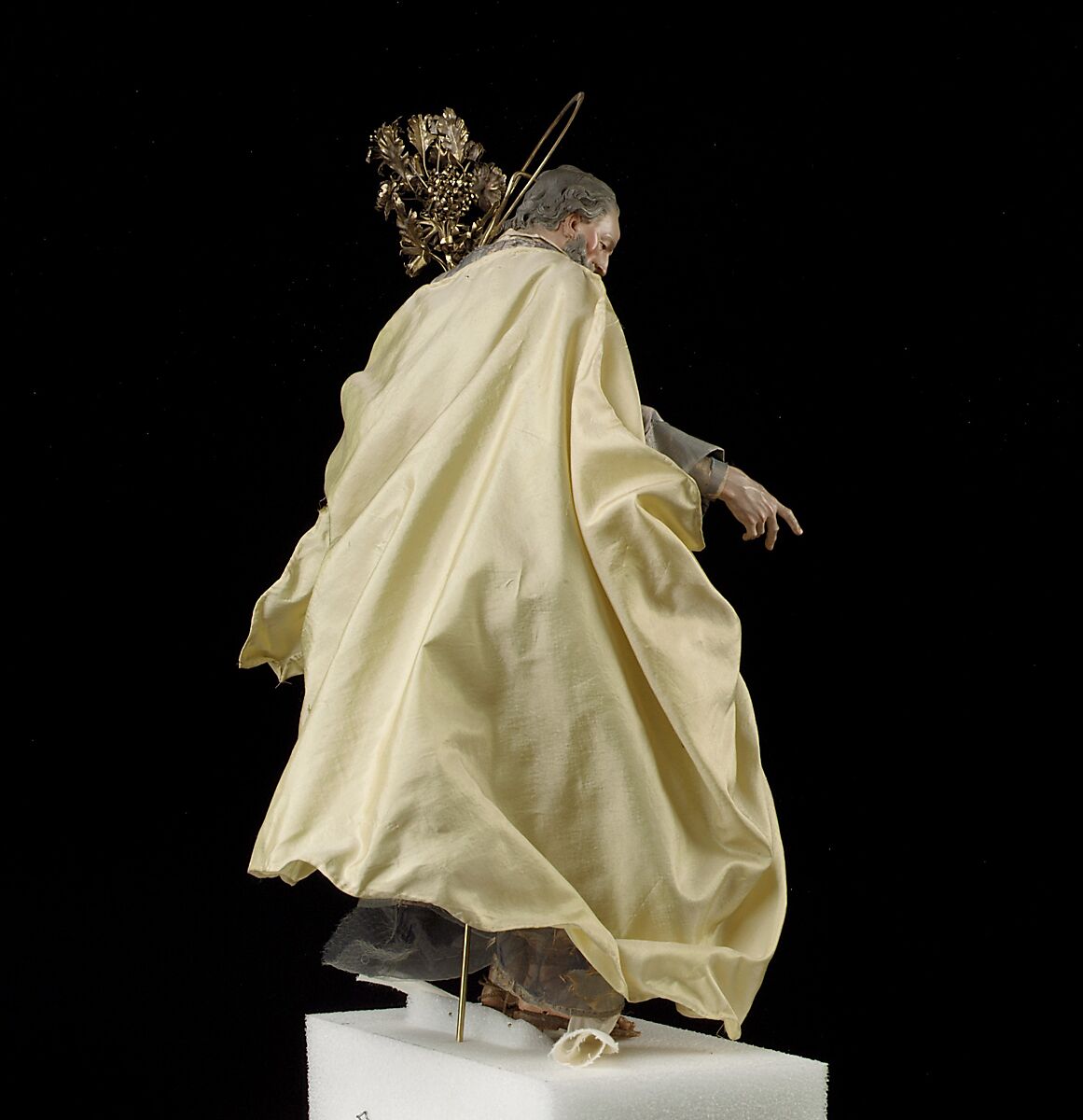 St. Joseph, Attributed to Salvatore di Franco (active 18th century), Polychromed terracotta head and wooden limbs; body of wire wrapped in tow; various fabrics; silver-gilt halo and staff, Italian, Naples