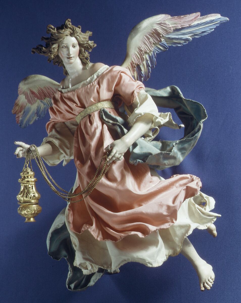 Angel, Attributed to Salvatore di Franco (active 18th century), Polychromed terracotta head; wooden limbs and wings; body of wire wrapped in tow; silk garments and silver-gilt censer, Italian, Naples