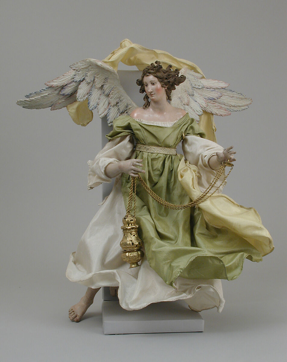 Angel, Attributed to Salvatore di Franco (active 18th century), Polychromed terracotta head; wooden limbs and wings; body of wire wrapped in tow; silk garments and silver-gilt censer., Italian, Naples 