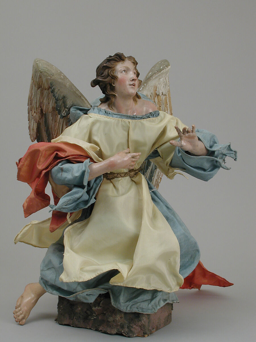 Angel, Attributed to Lorenzo Mosca (died 1789), Polychromed terracotta head; wooden limbs and wings; body of wire wrapped in tow; various fabrics., Italian, Naples 