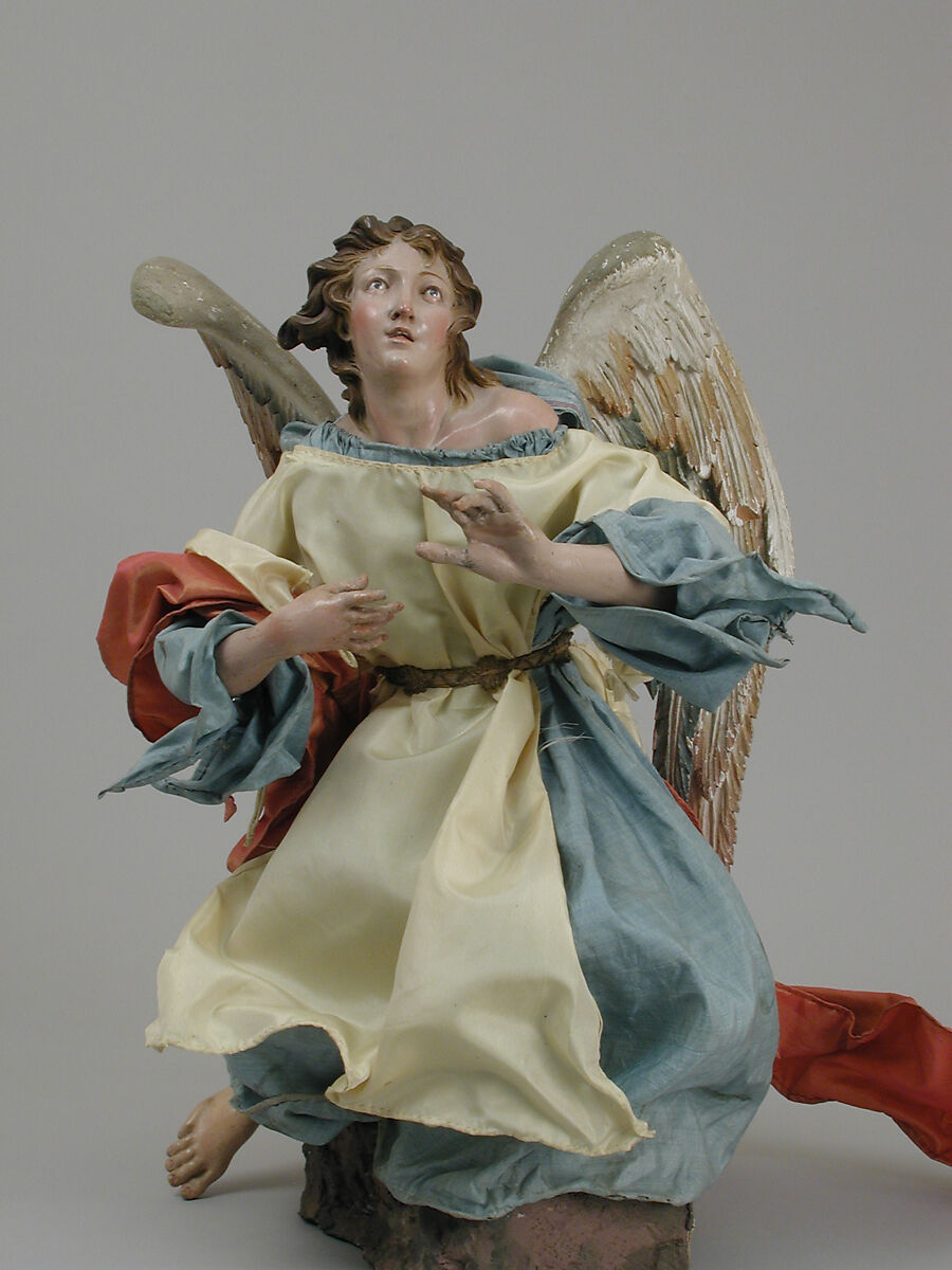 Angel, Attributed to Lorenzo Mosca (died 1789), Polychromed terracotta head; wooden limbs and wings; body of wire wrapped in tow; various fabrics., Italian, Naples