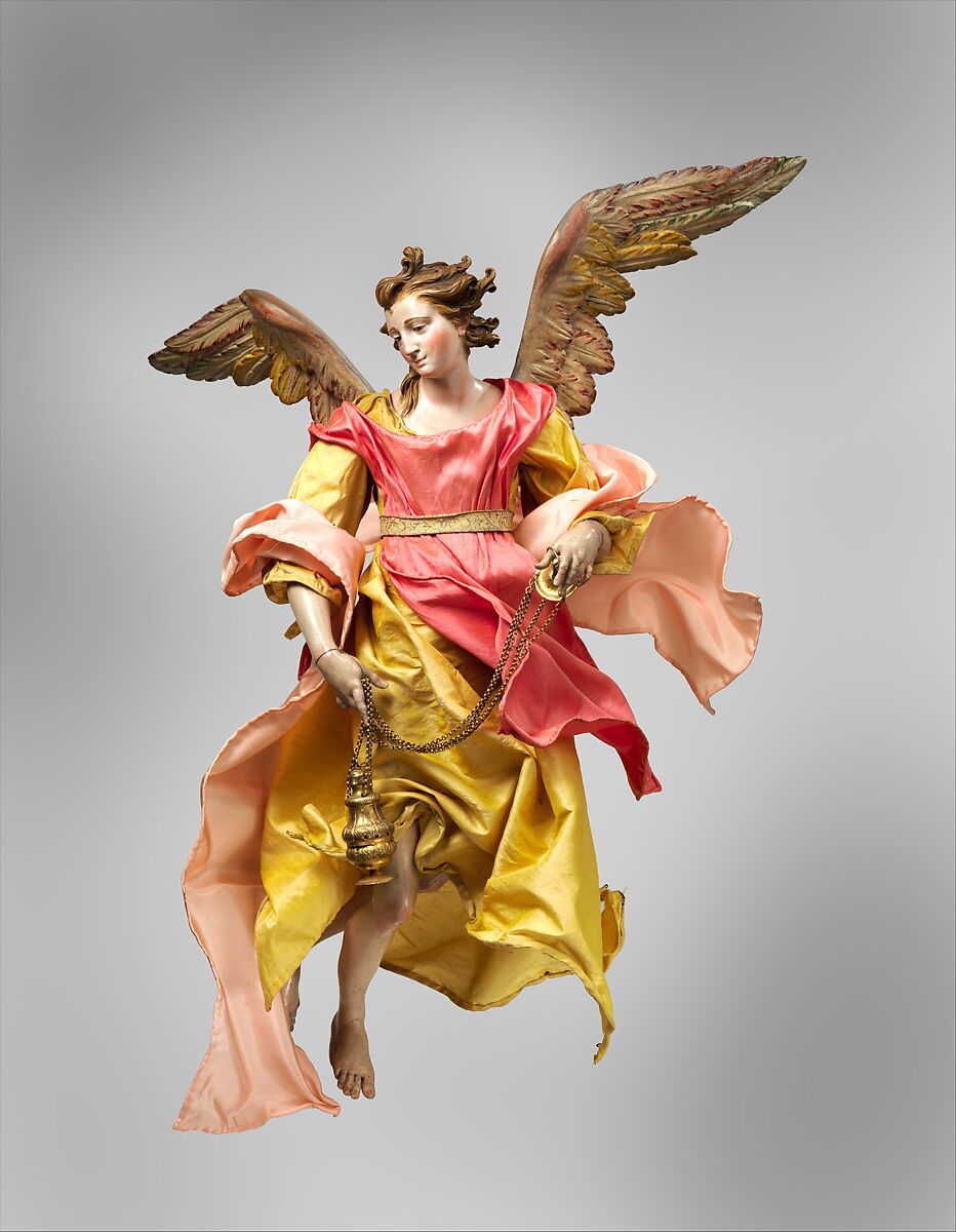 Angel, Giuseppe Sanmartino (Italian, 1720–1793), Polychromed terracotta head; wooden limbs and wings; body of wire wrapped in tow; various fabrics, Italian, Naples 
