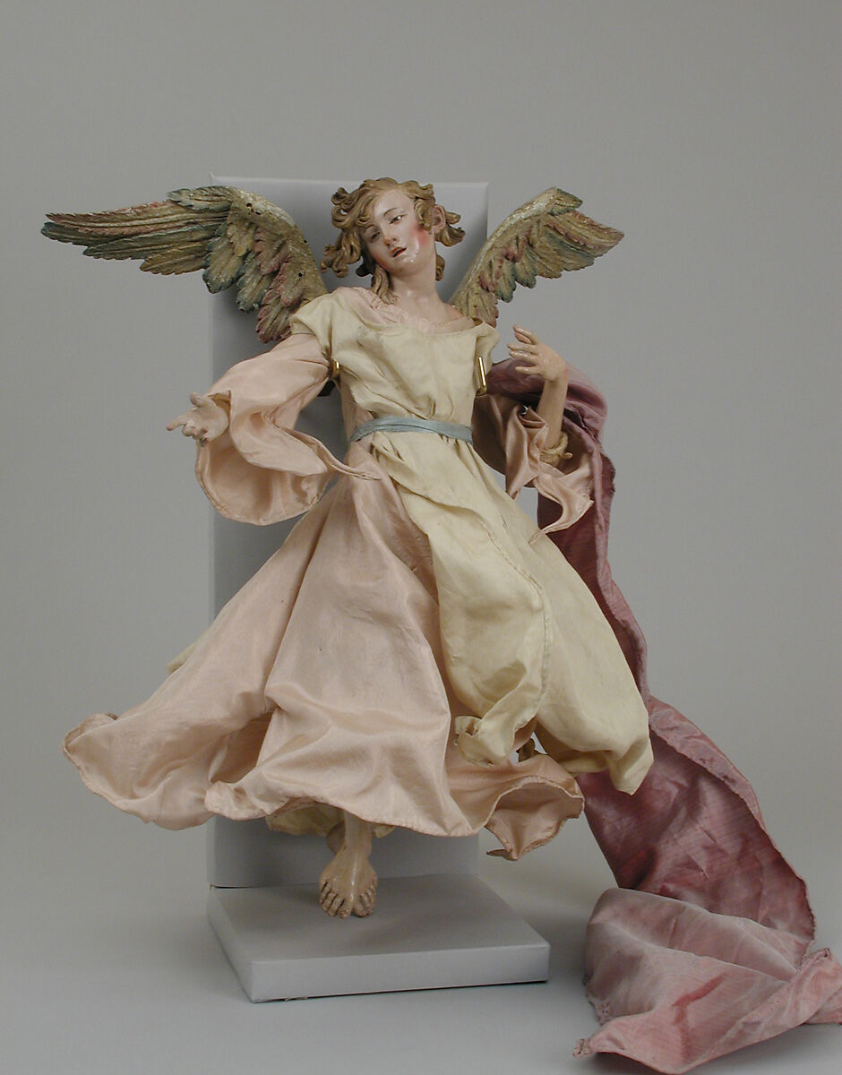 Angel, Attributed to Giuseppe Sanmartino (Italian, 1720–1793), Polychromed terracotta head; wooden limbs and wings; body of wire wrapped in tow; various fabrics, Italian, Naples 