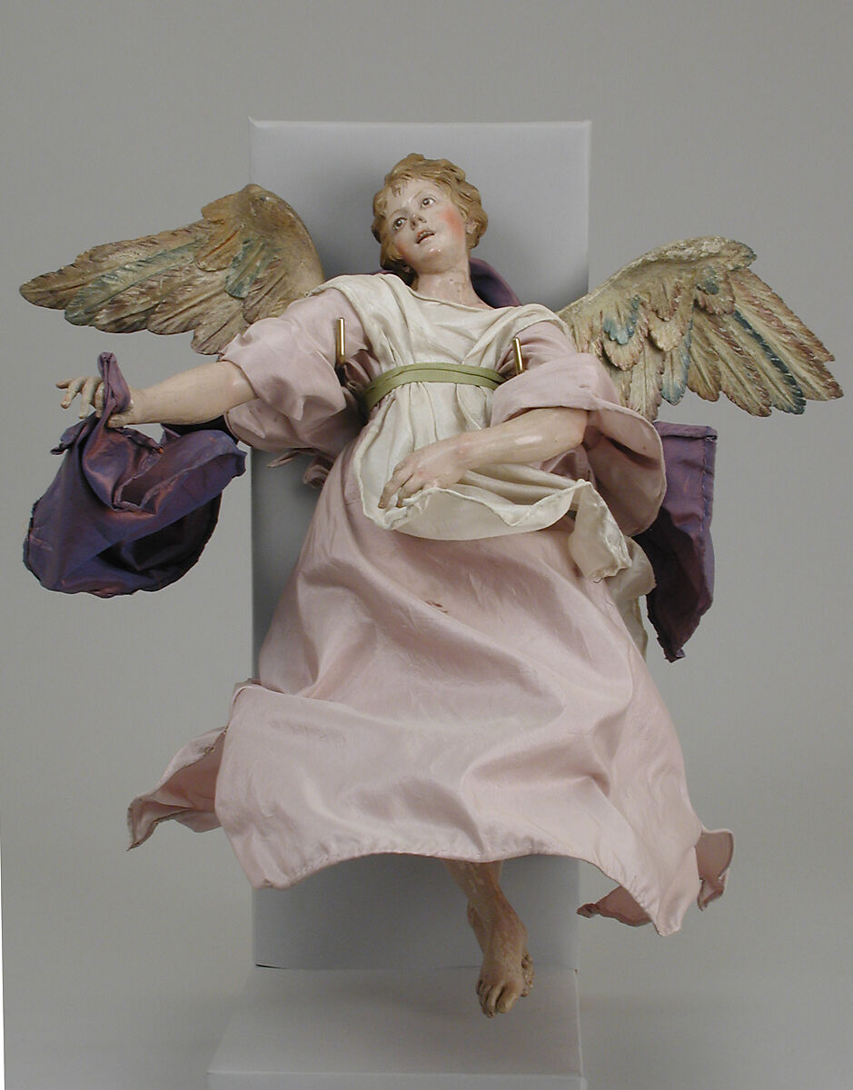 Angel, Polychromed terracotta head; wooden limbs and wings; body of wire wrapped in tow; various fabrics, Italian, Naples 