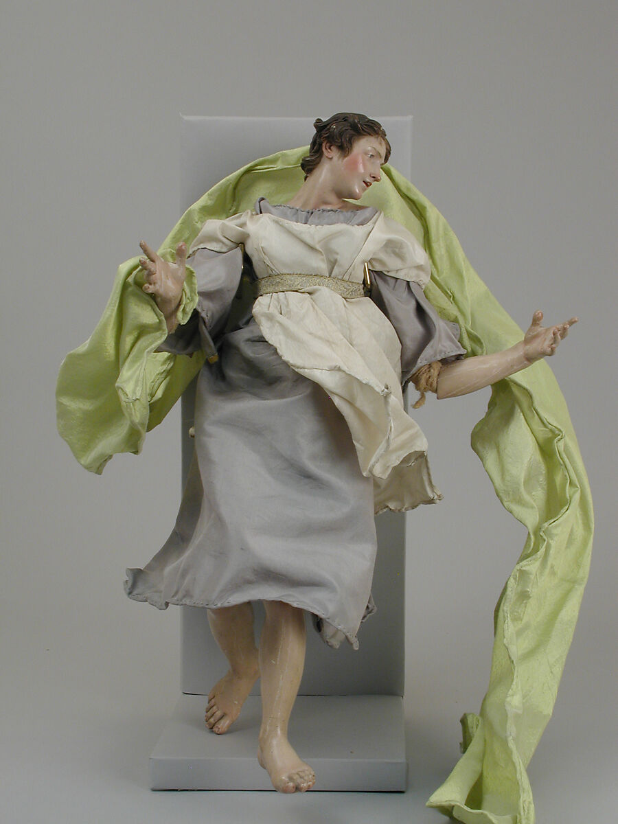 Angel, Polychromed terracotta head; wooden limbs and wings; body of wire wrapped in tow; various fabrics, Italian, Naples 