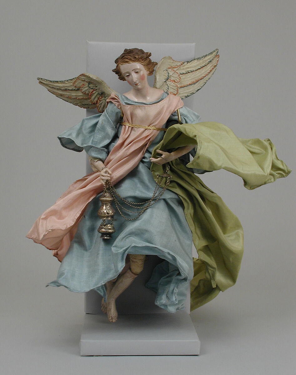 Angel, Polychromed terracotta head; wooden limbs and wings; body of wire wrapped in tow; various fabrics, Italian, Naples 