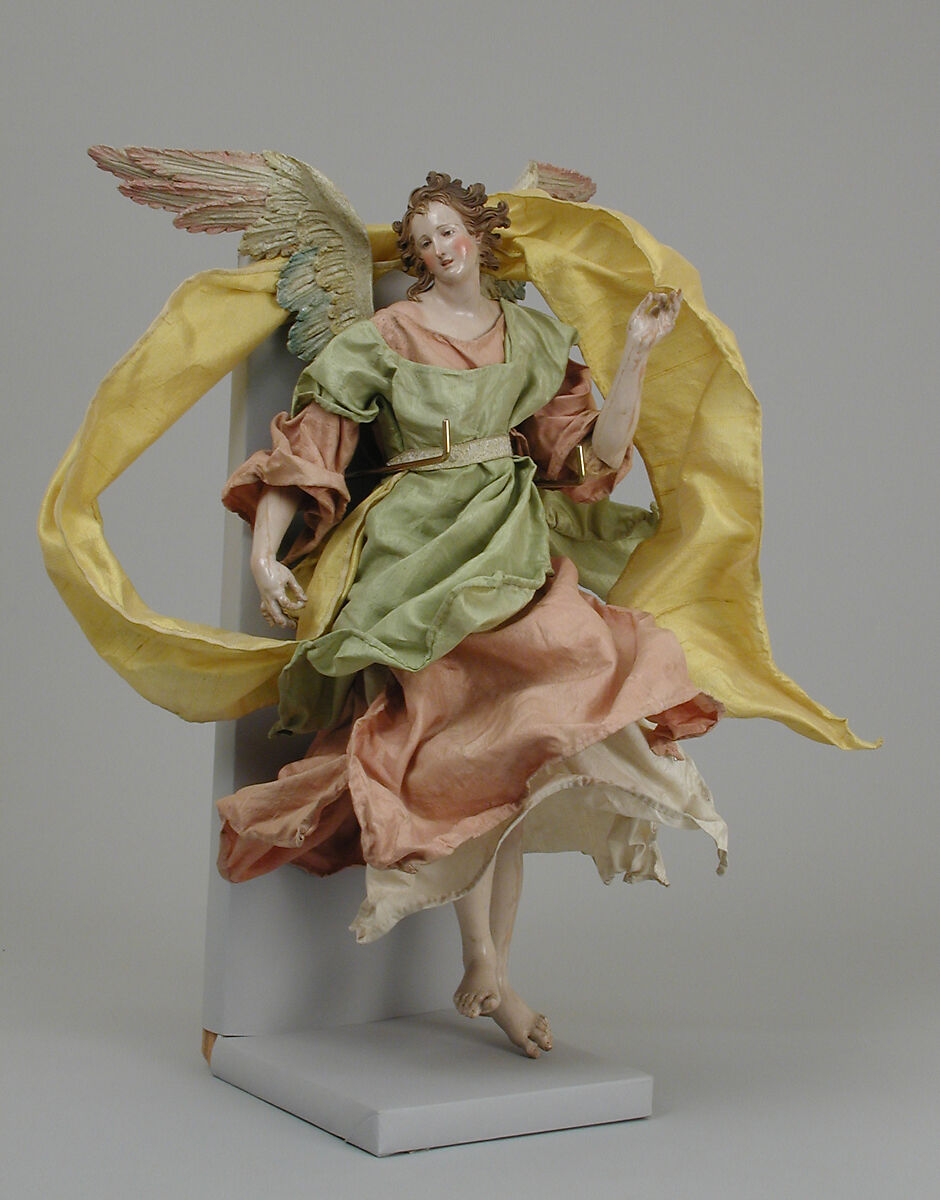 Angel, Attributed to Giuseppe Gori (active ca. 1770–1810), Polychromed terracotta head; wooden limbs and wings; body of wire wrapped in tow; various fabrics, Italian, Naples 