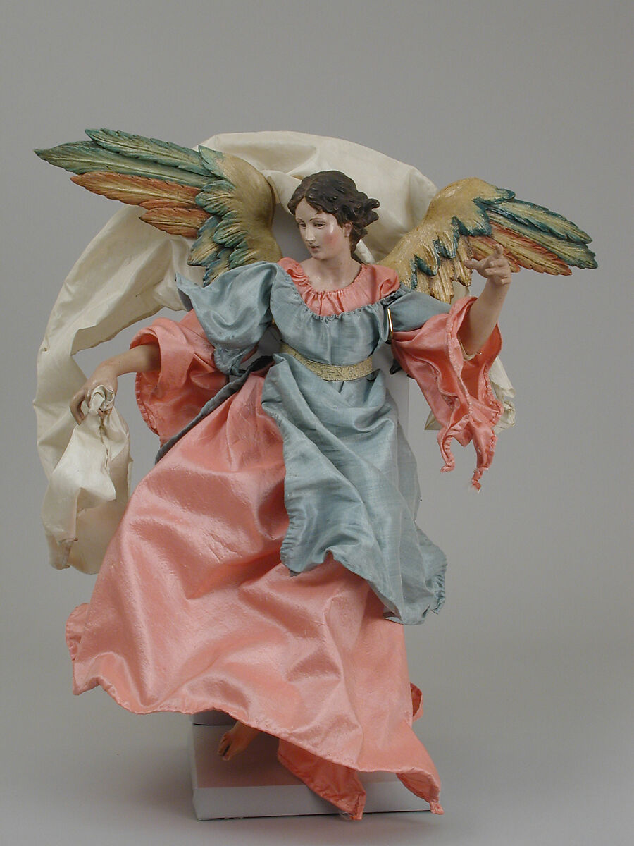 Angel, Polychromed terracotta head; wooden limbs and wings; body of wire wrapped in tow; various fabrics, Italian, Naples 