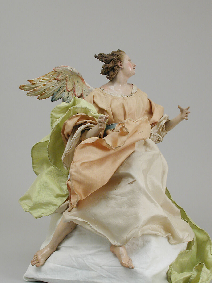 Angel, Polychromed terracotta head; wooden limbs and wings; body of wire wrapped in tow; various fabrics, Italian, Naples 