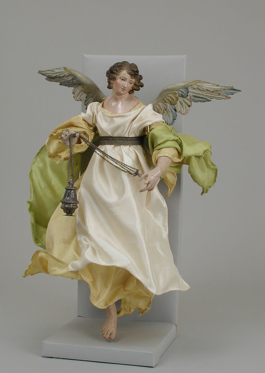 Angel, Polychromed terracotta head; wooden limbs and wings; body of wire wrapped in tow; various fabrics, Italian, Naples 