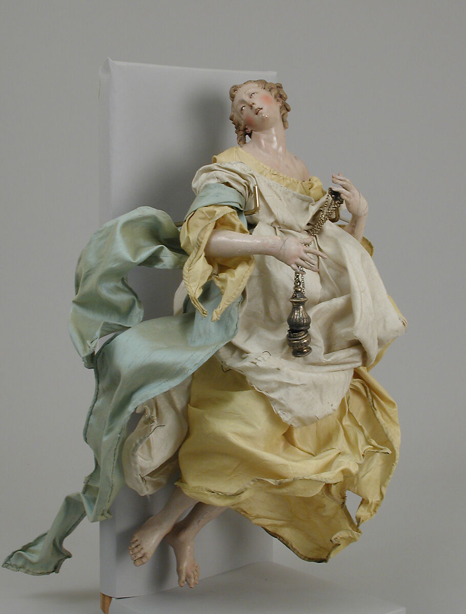 Angel, Polychromed terracotta head; wooden limbs and wings; body of wire wrapped in tow; various fabrics, Italian, Naples 