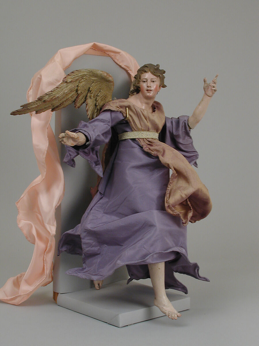 Angel, Polychromed terracotta head; wooden limbs and wings; body of wire wrapped in tow; various fabrics, Italian, Naples 