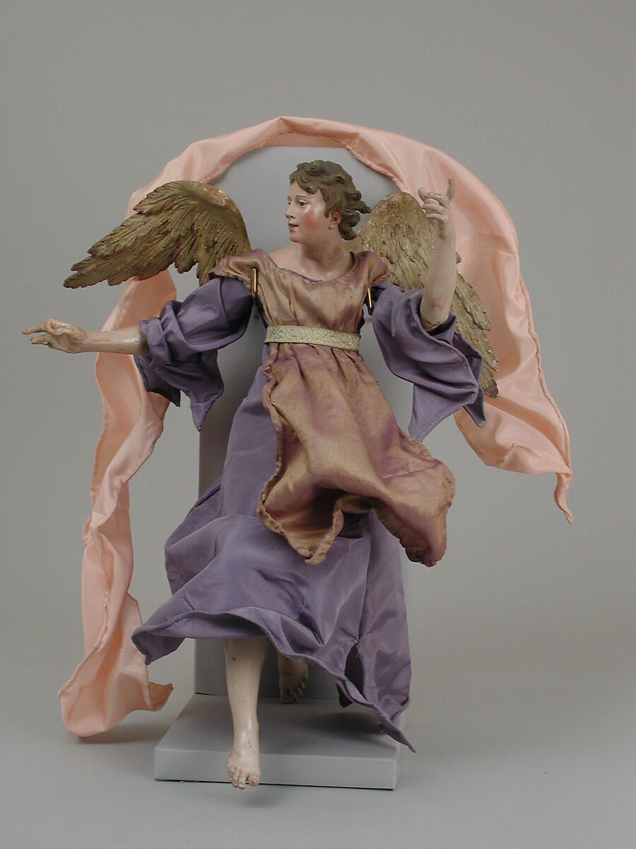 Angel, Polychromed terracotta head; wooden limbs and wings; body of wire wrapped in tow; various fabrics, Italian, Naples