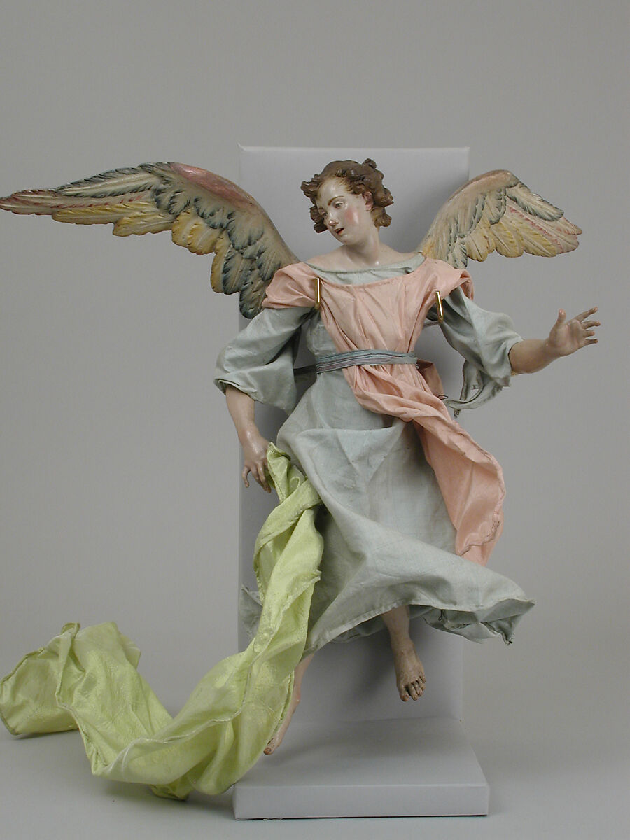 Angel, Giuseppe Gori, Polychromed terracotta head; wooden limbs and wings; body of wire wrapped in tow; various fabrics, Italian, Naples