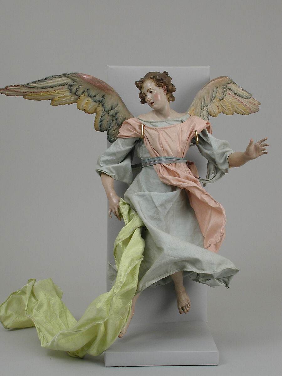 Angel, Attributed to Giuseppe Gori (active ca. 1770–1810), Polychromed terracotta head; wooden limbs and wings; body of wire wrapped in tow; various fabrics, Italian, Naples 