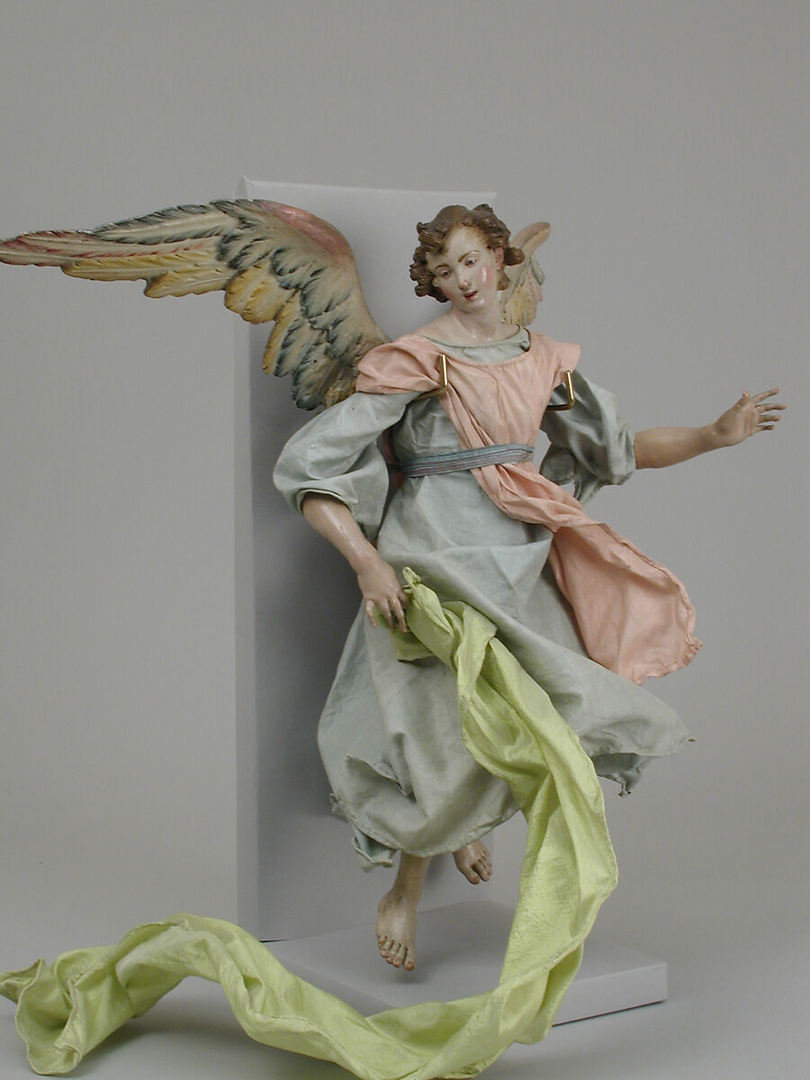 Angel, Attributed to Giuseppe Gori (active ca. 1770–1810), Polychromed terracotta head; wooden limbs and wings; body of wire wrapped in tow; various fabrics, Italian, Naples