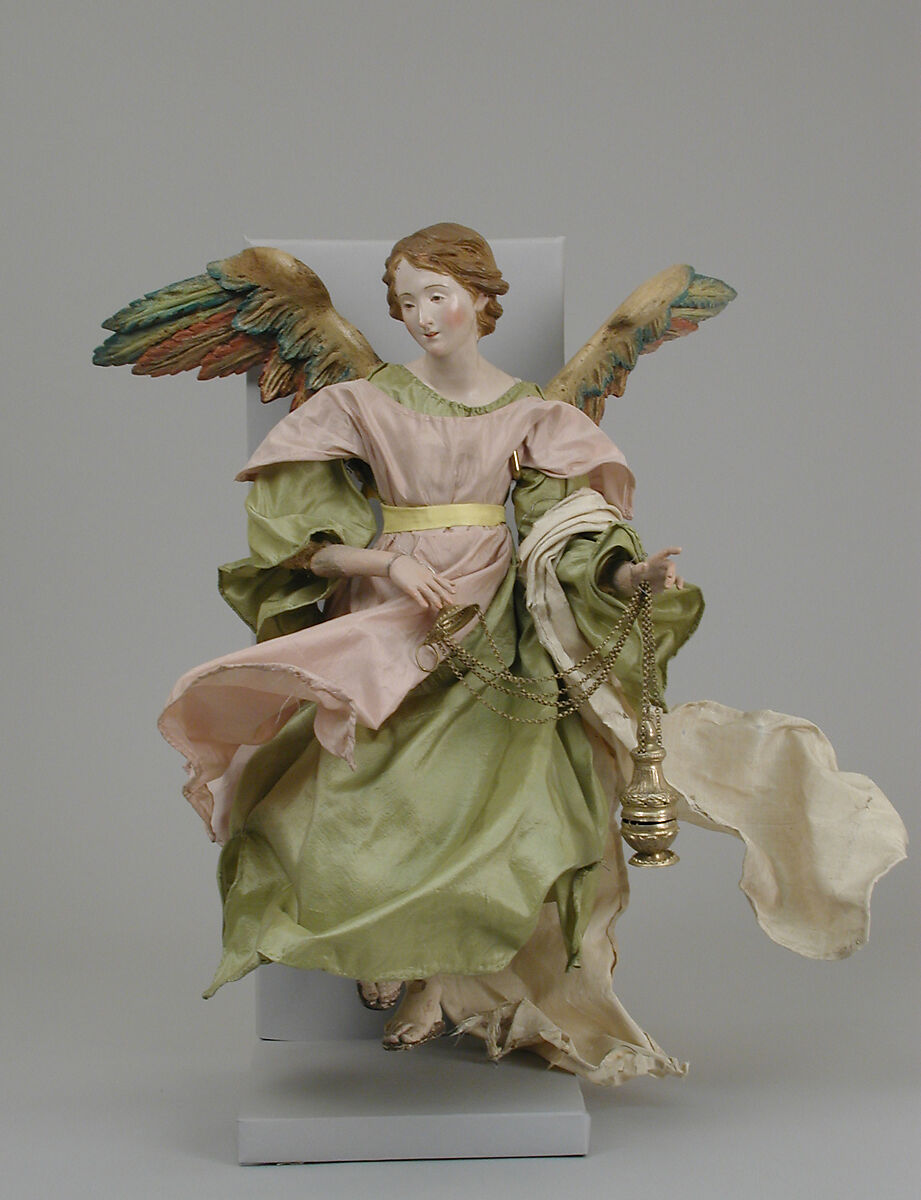 Angel, Polychromed terracotta head; wooden limbs and wings; body of wire wrapped in tow; various fabrics, Italian, Naples 