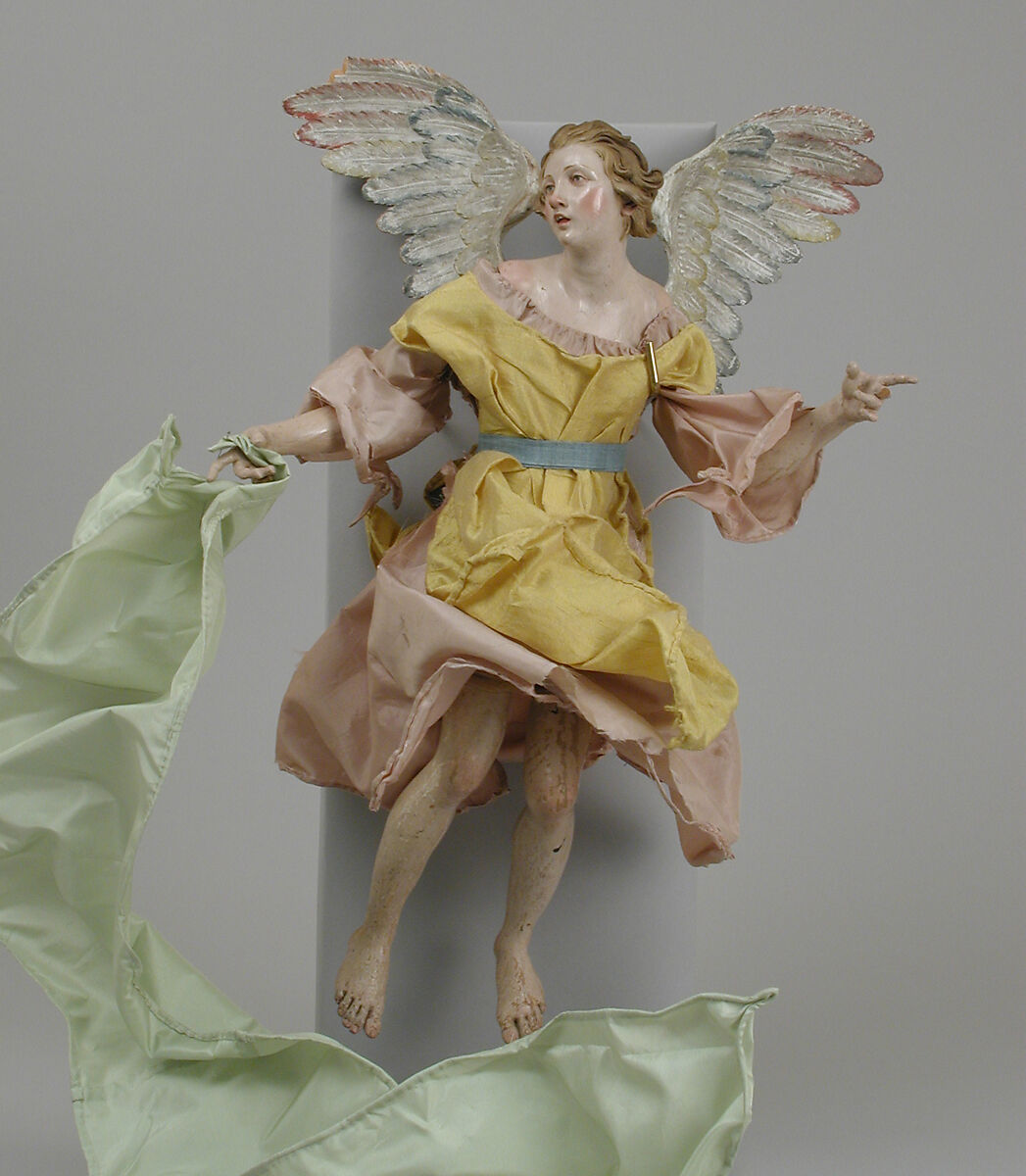 Angel, Polychromed terracotta head; wooden limbs and wings; body of wire wrapped in tow; various fabrics, Italian, Naples 