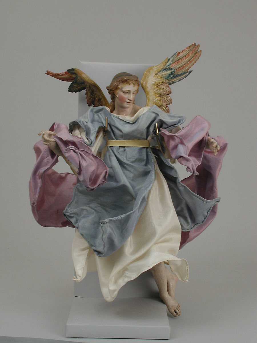 Angel, Polychromed terracotta head; wooden limbs and wings; body of wire wrapped in tow; various fabrics, Italian, Naples 