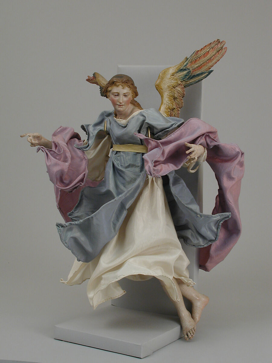 Angel, Polychromed terracotta head; wooden limbs and wings; body of wire wrapped in tow; various fabrics, Italian, Naples