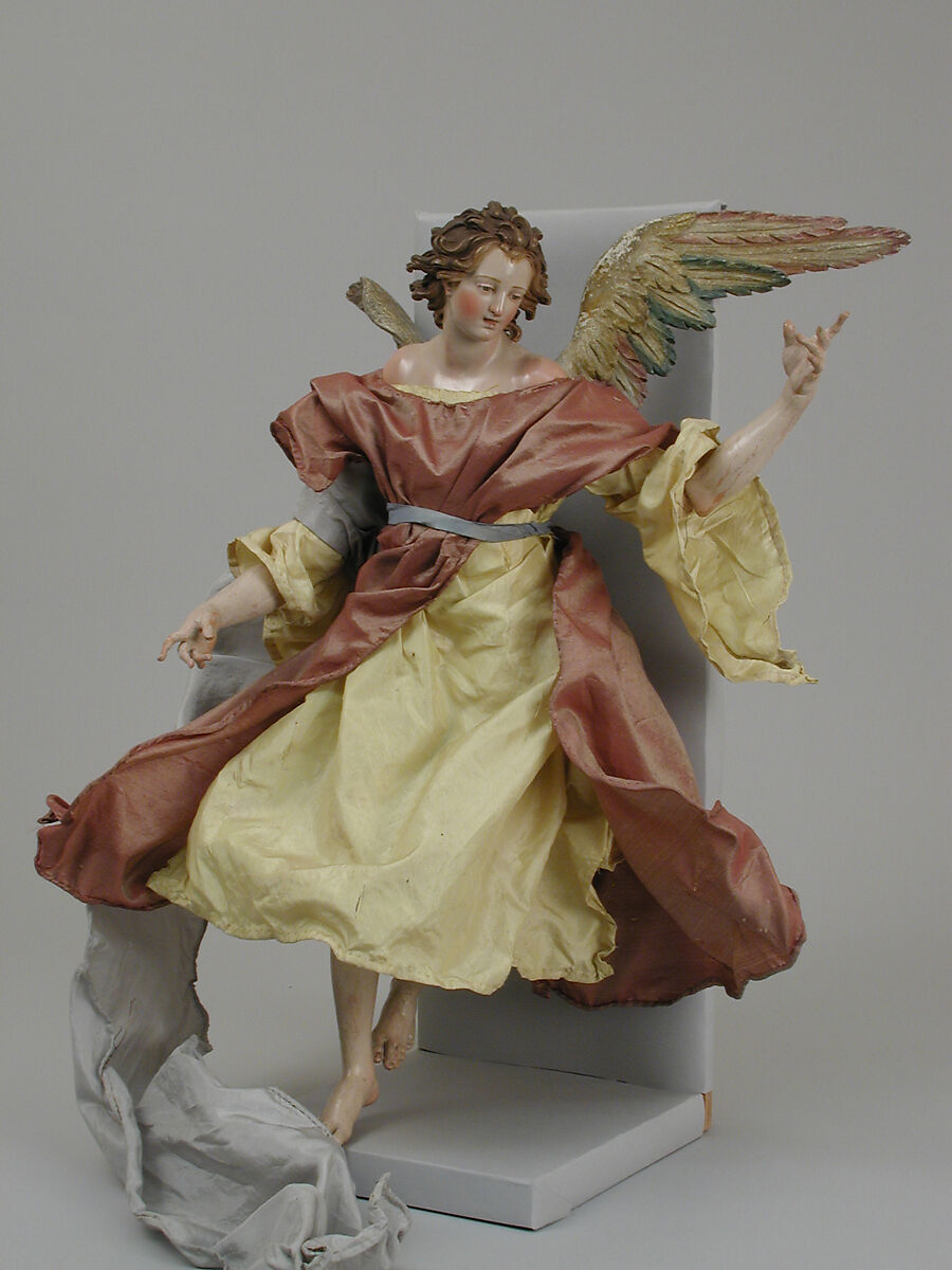 Angel, Polychromed terracotta head; wooden limbs and wings; body of wire wrapped in tow; various fabrics, Italian, Naples 