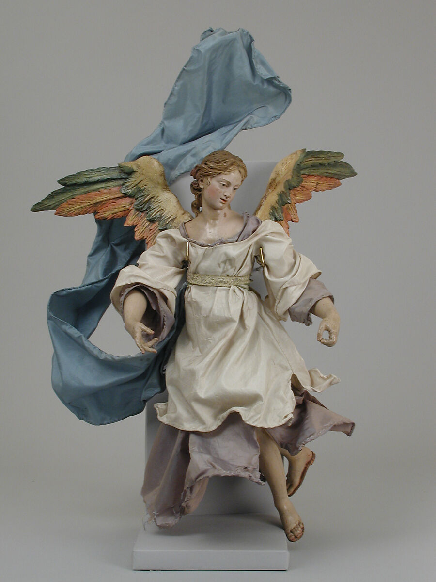 Angel, Polychromed terracotta head; wooden limbs and wings; body of wire wrapped in tow; various fabrics, Italian, Naples 