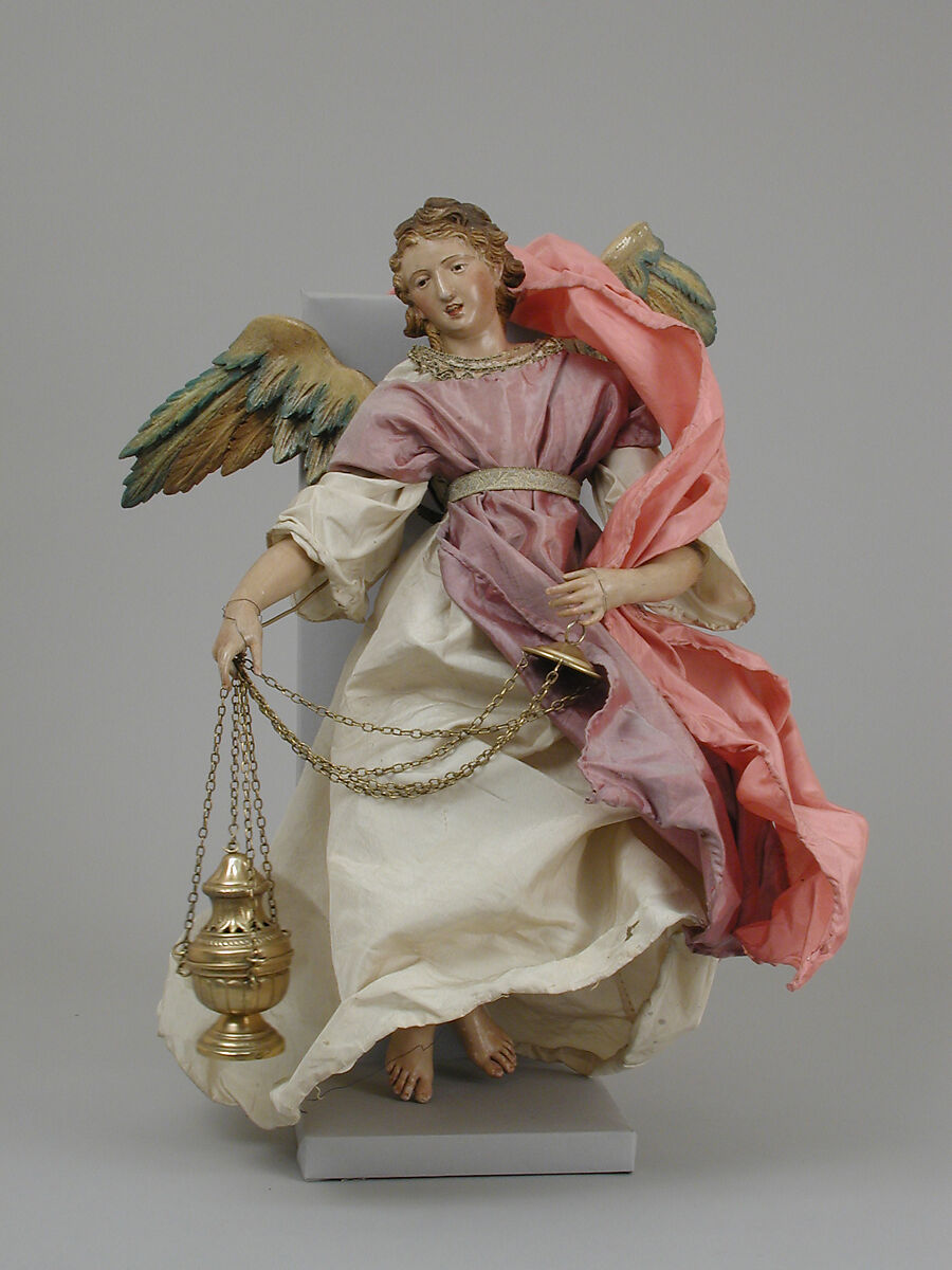 Angel, Polychromed terracotta head; wooden limbs and wings; body of wire wrapped in tow; various fabrics, Italian, Naples 