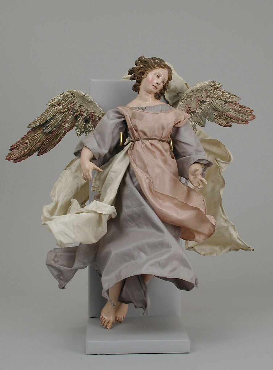 Angel, Polychromed terracotta head; wooden limbs and wings; body of wire wrapped in tow; various fabrics, Italian, Naples 