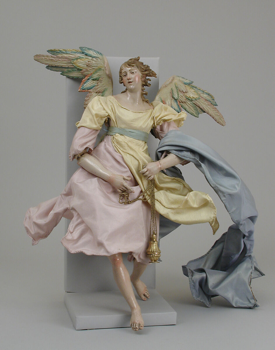 Angel, Attributed to Nicola Ingaldi (active late 18th–early 19th century), Polychromed terracotta head; wooden limbs and wings; body of wire wrapped in tow; various fabrics, Italian, Naples 