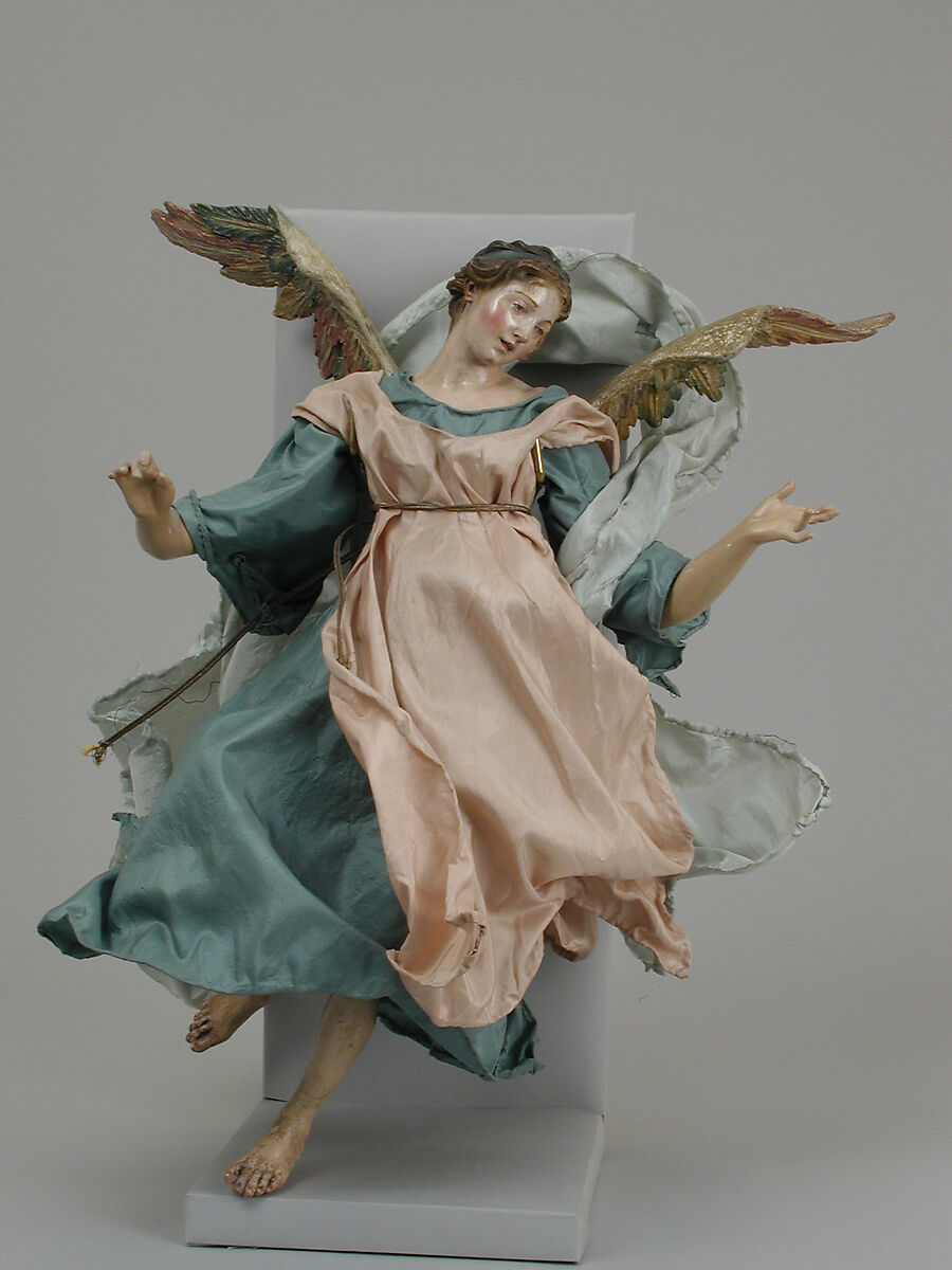 Angel, Polychromed terracotta head; wooden limbs and wings; body of wire wrapped in tow; various fabrics, Italian, Naples 