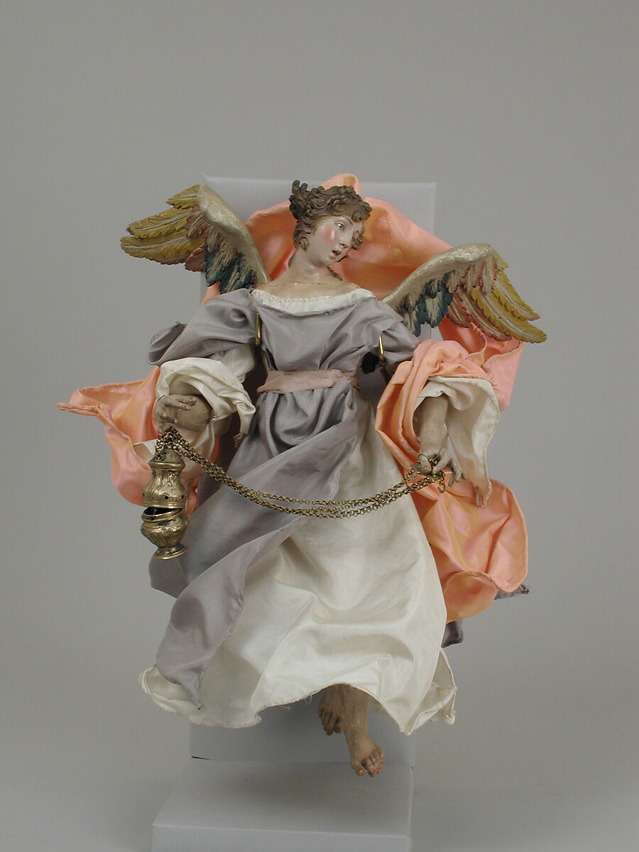 Angel, Polychromed terracotta head; wooden limbs and wings; body of wire wrapped in tow; various fabrics, Italian, Naples 