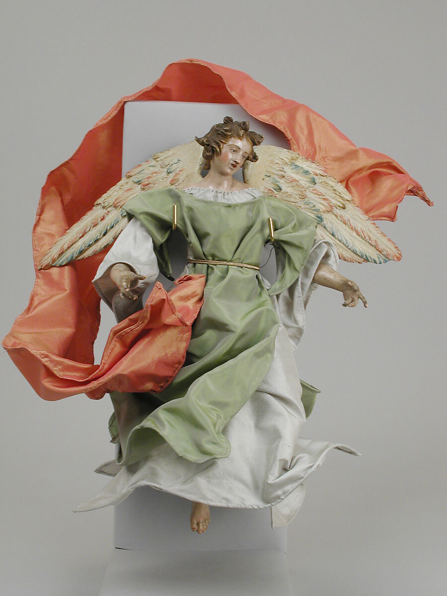 Angel, Polychromed terracotta head; wooden limbs and wings; body of wire wrapped in tow; various fabrics, Italian, Naples 