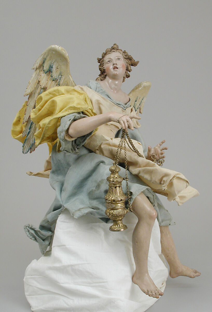 Angel, Polychromed terracotta head; wooden limbs and wings; body of wire wrapped in tow; various fabrics, Italian, Naples 