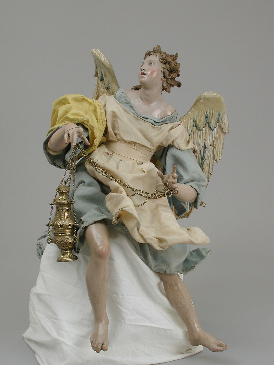 Angel, Polychromed terracotta head; wooden limbs and wings; body of wire wrapped in tow; various fabrics, Italian, Naples