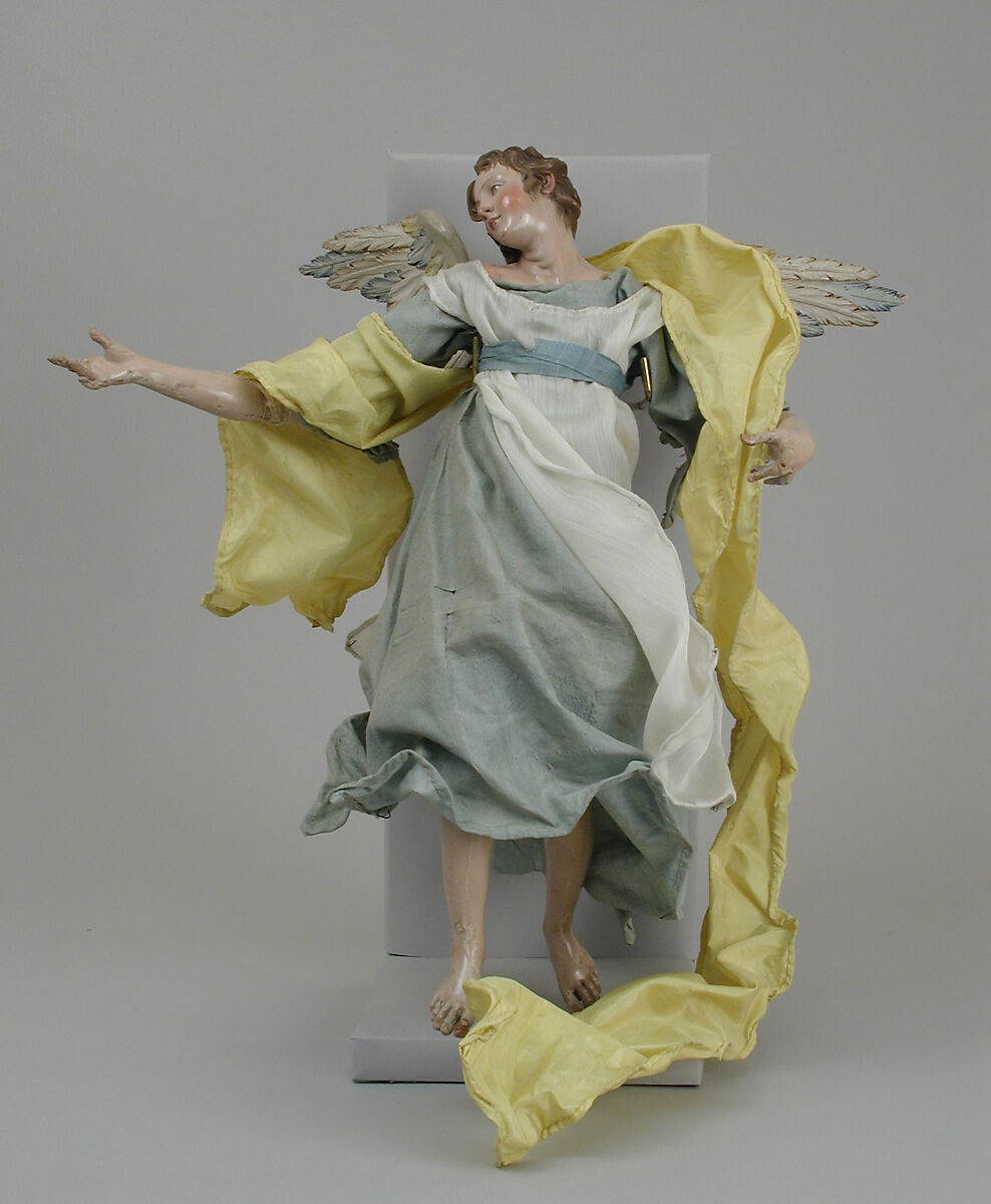 Angel, Polychromed terracotta head; wooden limbs and wings; body of wire wrapped in tow; various fabrics, Italian, Naples