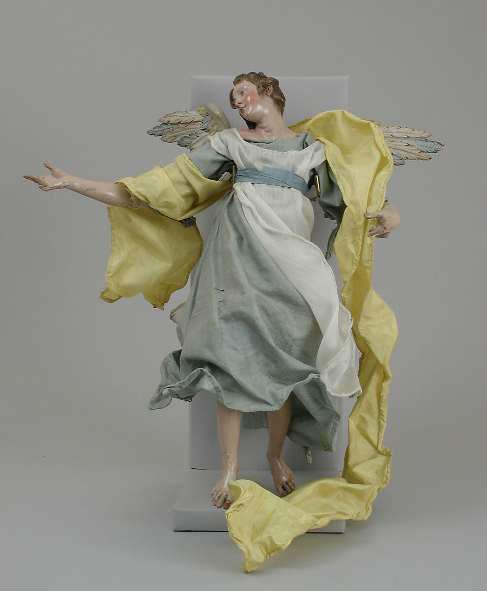 Angel, Polychromed terracotta head; wooden limbs and wings; body of wire wrapped in tow; various fabrics, Italian, Naples 