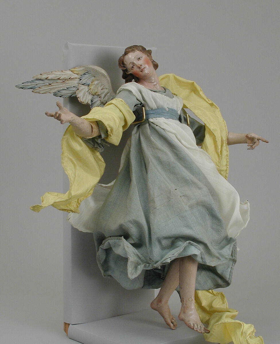 Angel, Polychromed terracotta head; wooden limbs and wings; body of wire wrapped in tow; various fabrics, Italian, Naples