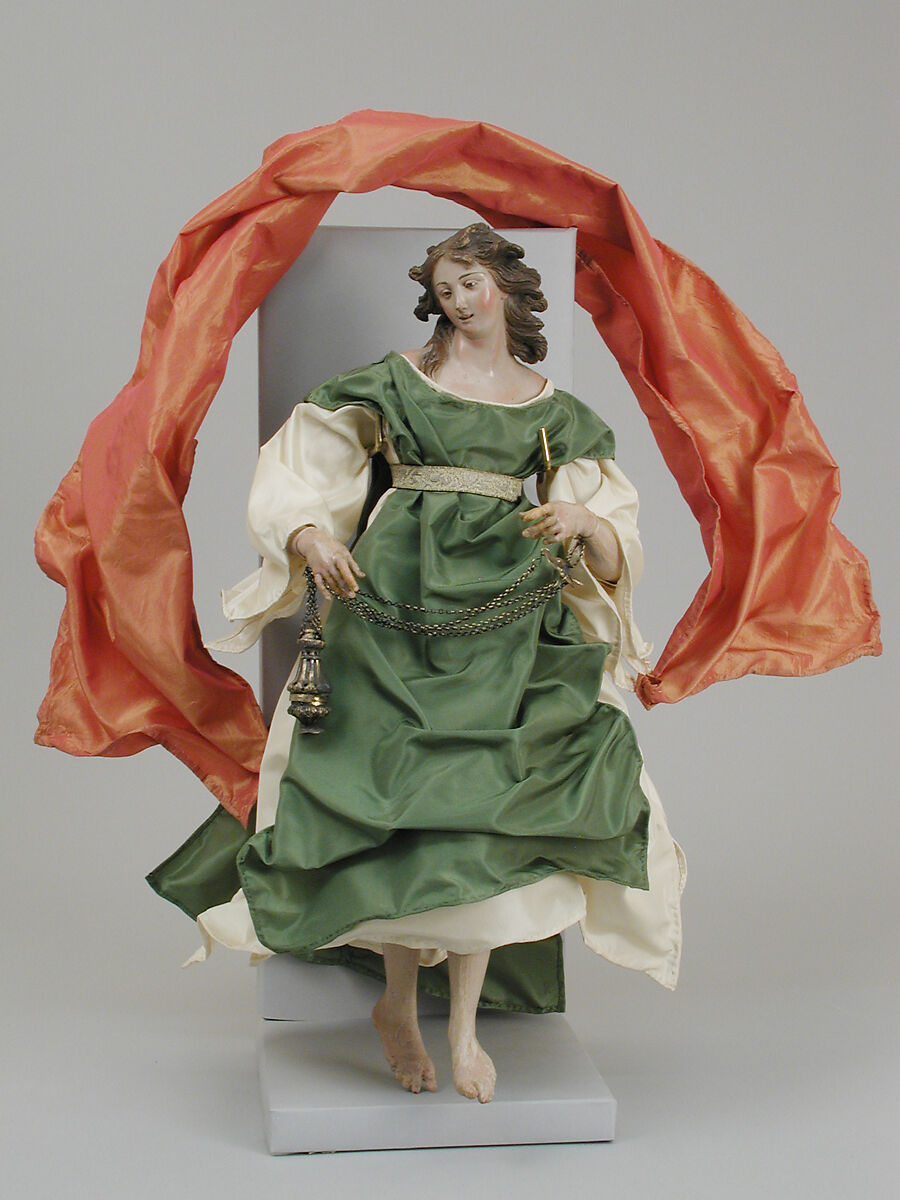 Angel, Polychromed terracotta head; wooden limbs and wings; body of wire wrapped in tow; various fabrics, Italian, Naples 