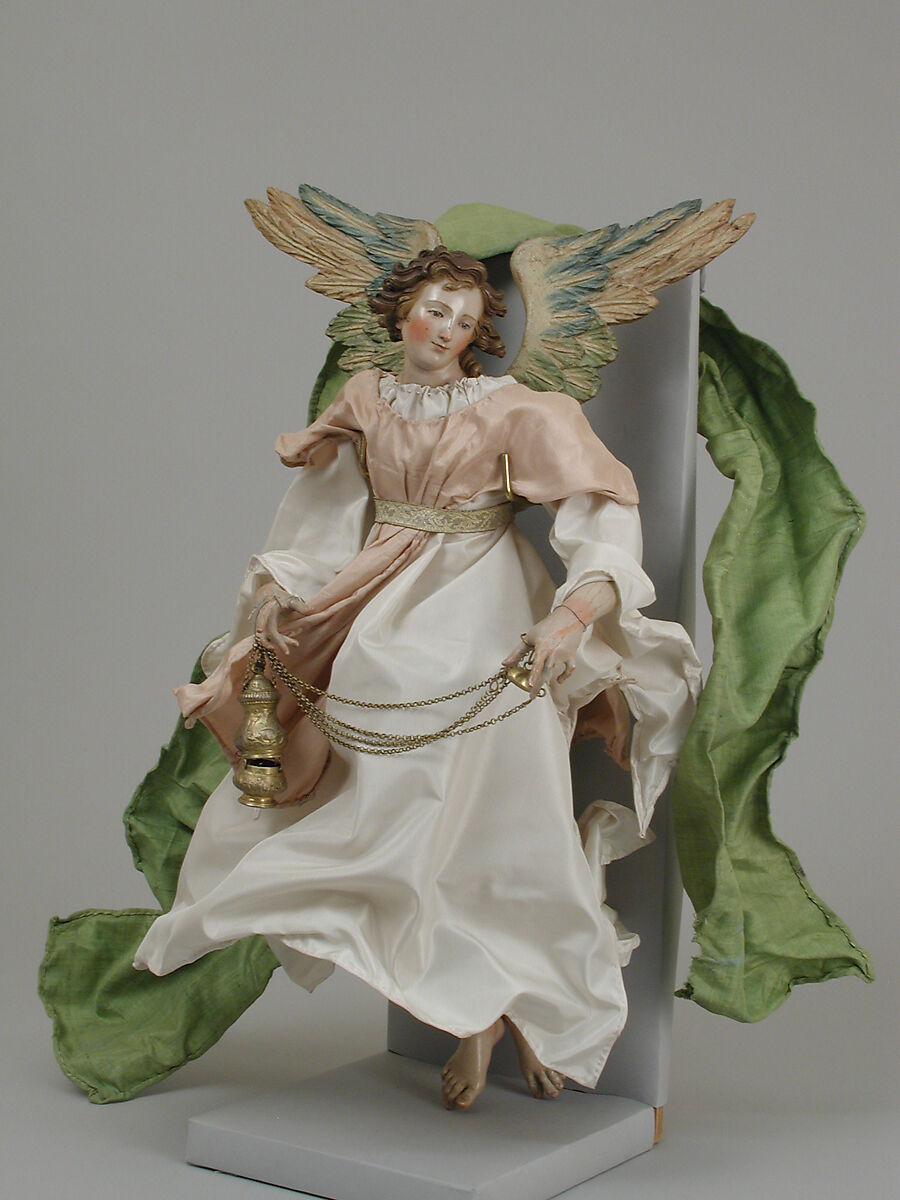 Angel, Giuseppe Gori, Polychromed terracotta head; wooden limbs and wings; body of wire wrapped in tow; various fabrics, Italian, Naples