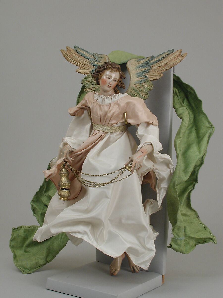 Angel, Attributed to Giuseppe Gori (active ca. 1770–1810), Polychromed terracotta head; wooden limbs and wings; body of wire wrapped in tow; various fabrics, Italian, Naples 