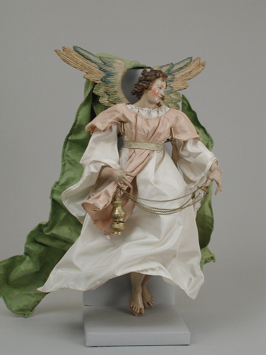 Angel, Attributed to Giuseppe Gori (active ca. 1770–1810), Polychromed terracotta head; wooden limbs and wings; body of wire wrapped in tow; various fabrics, Italian, Naples