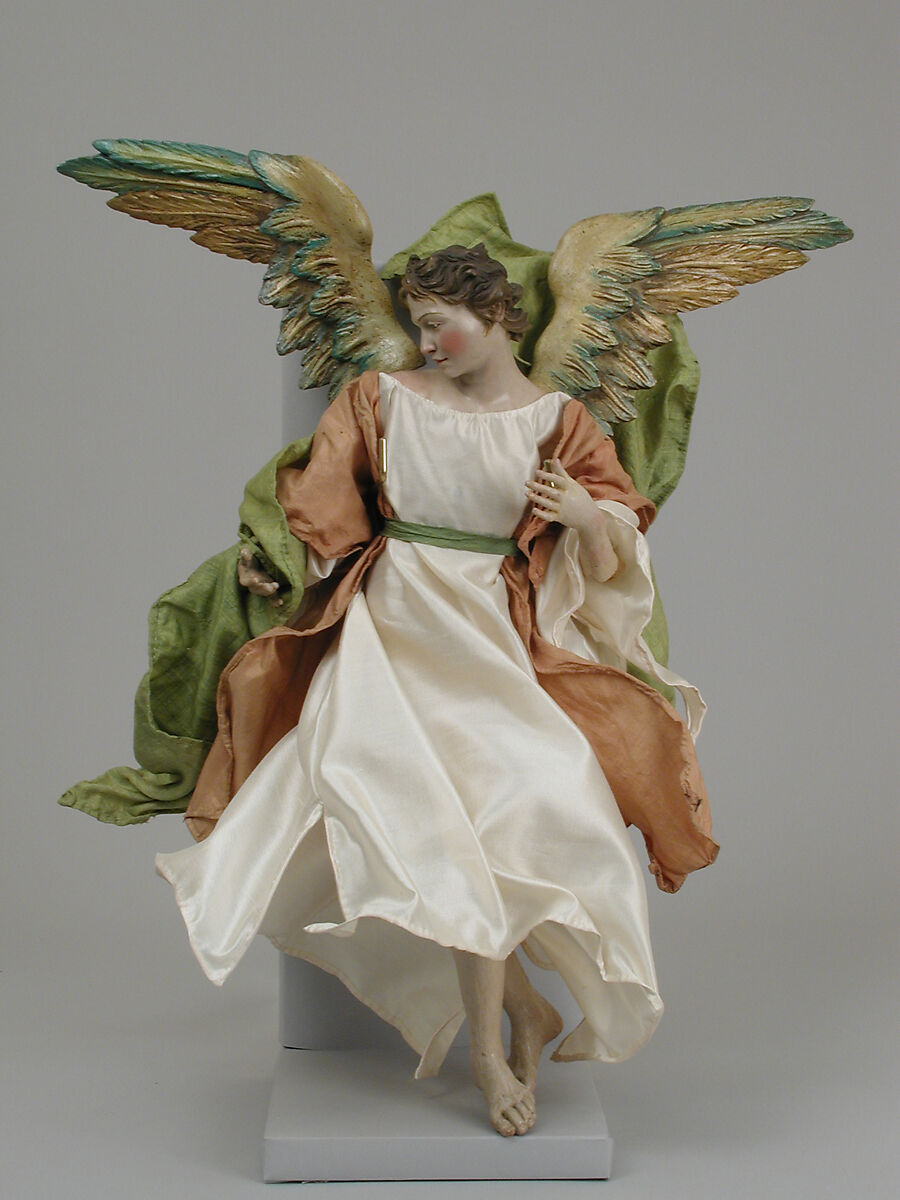 Angel, Attributed to Lorenzo Mosca (died 1789), Polychromed terracotta head; wooden limbs and wings; body of wire wrapped in tow; various fabrics, Italian, Naples 