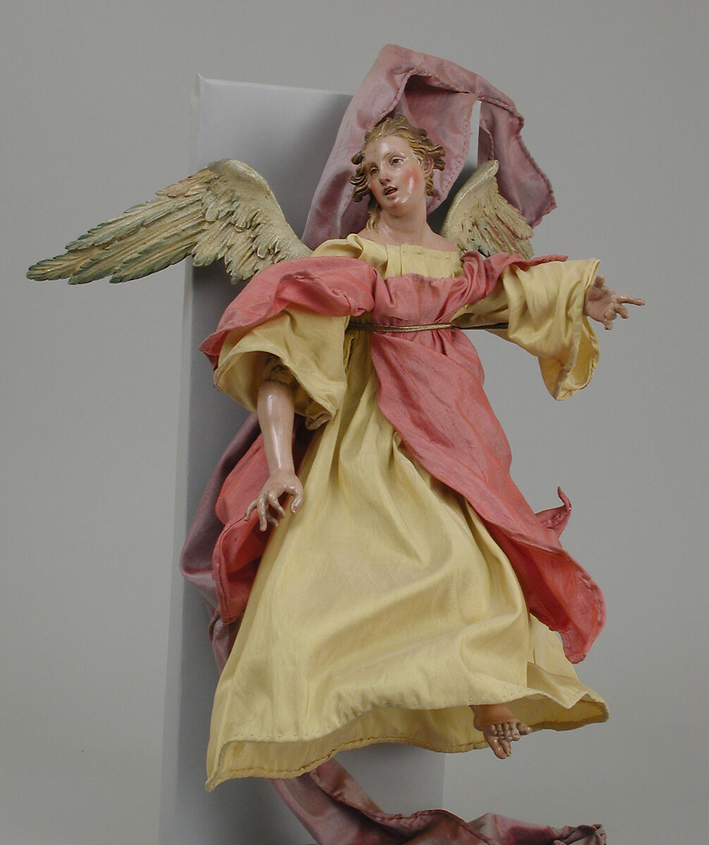 Angel, Polychromed terracotta head; wooden limbs and wings; body of wire wrapped in tow; various fabrics, Italian, Naples 