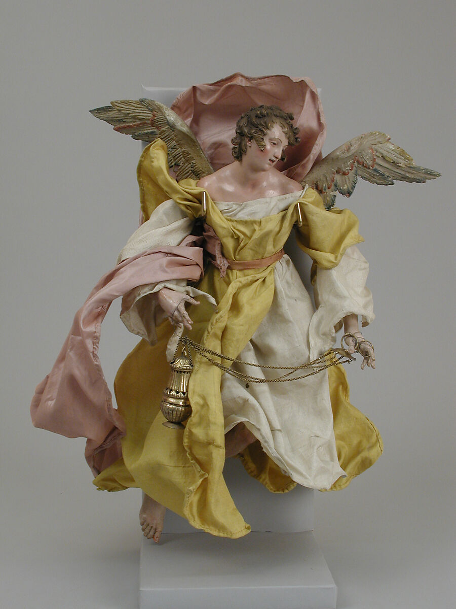 Angel, Attributed to Giuseppe Sanmartino (Italian, 1720–1793), Polychromed terracotta head; wooden limbs and wings; body of wire wrapped in tow; various fabrics, Italian, Naples 