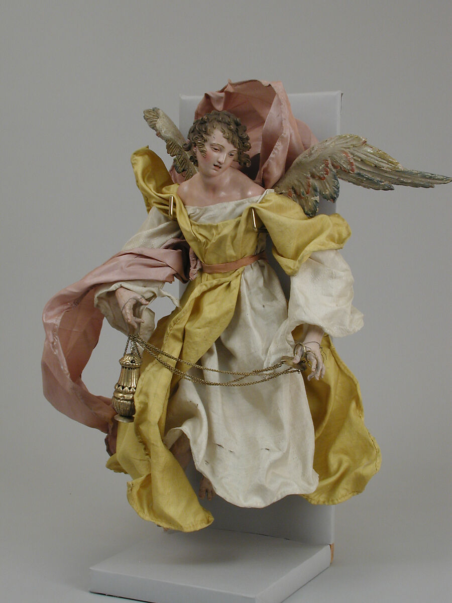 Angel, Attributed to Giuseppe Sanmartino (Italian, 1720–1793), Polychromed terracotta head; wooden limbs and wings; body of wire wrapped in tow; various fabrics, Italian, Naples