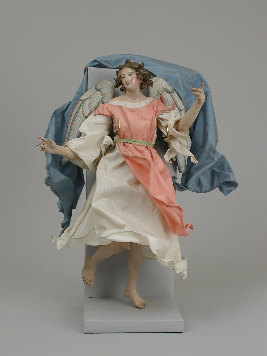 Angel, Attributed to Salvatore di Franco (active 18th century), Polychromed terracotta head; wooden limbs and wings; body of wire wrapped in tow; various fabrics, Italian, Naples 