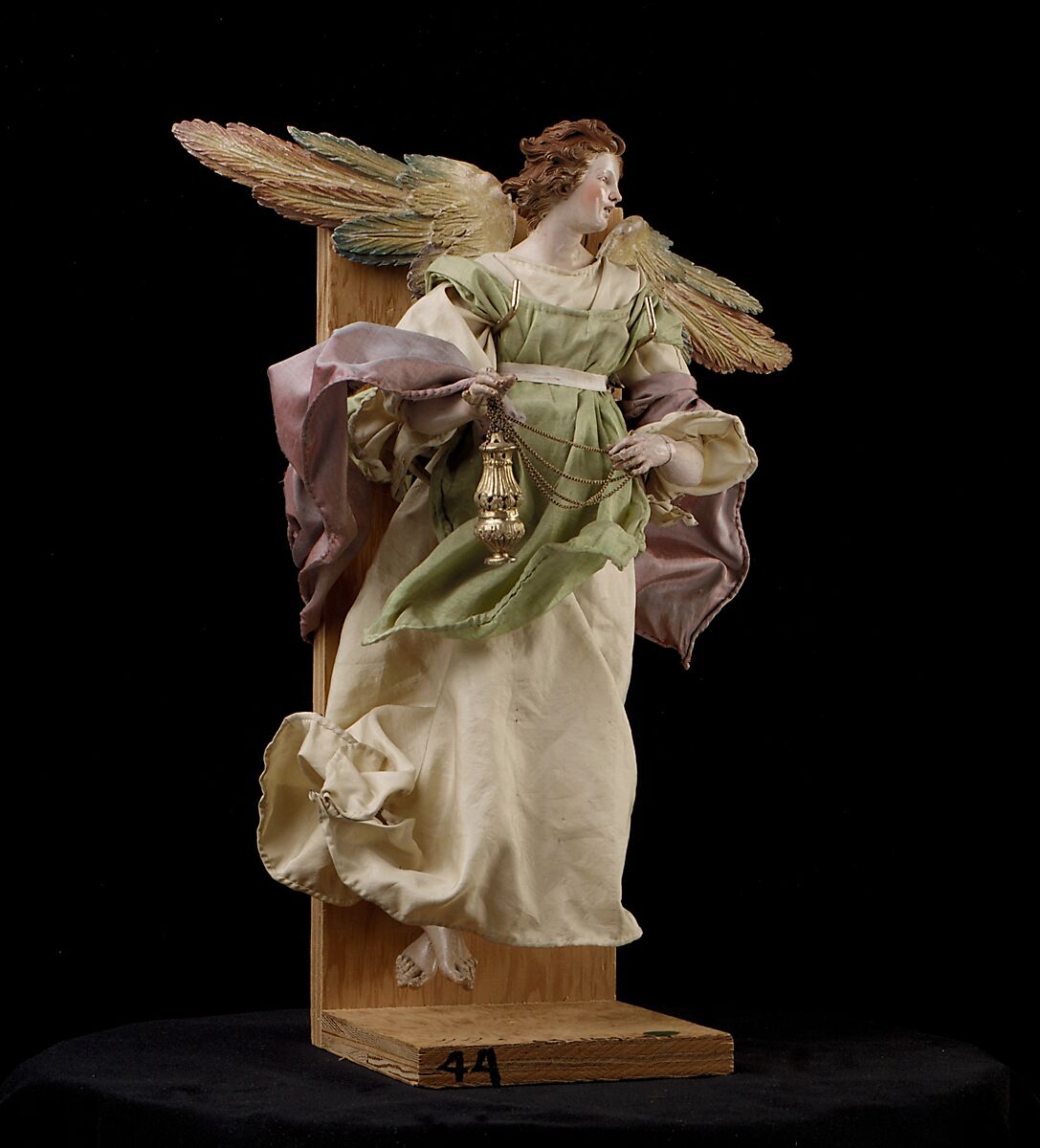 Angel, Attributed to Giuseppe Sanmartino (Italian, 1720–1793), Polychromed terracotta head; wooden limbs and wings; body of wire wrapped in tow; various fabrics, Italian, Naples
