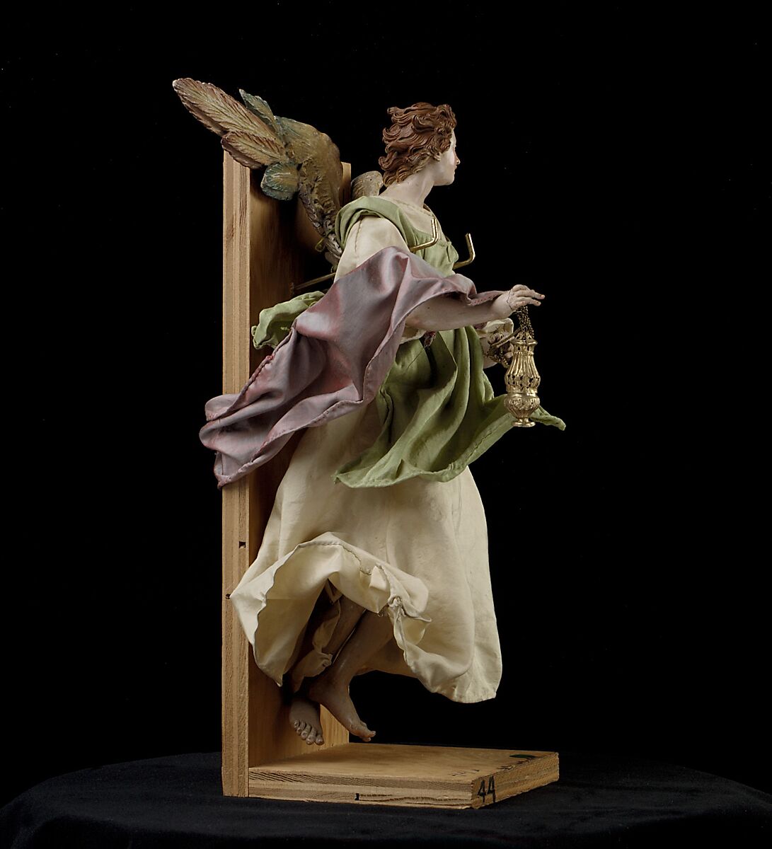 Angel, Attributed to Giuseppe Sanmartino (Italian, 1720–1793), Polychromed terracotta head; wooden limbs and wings; body of wire wrapped in tow; various fabrics, Italian, Naples