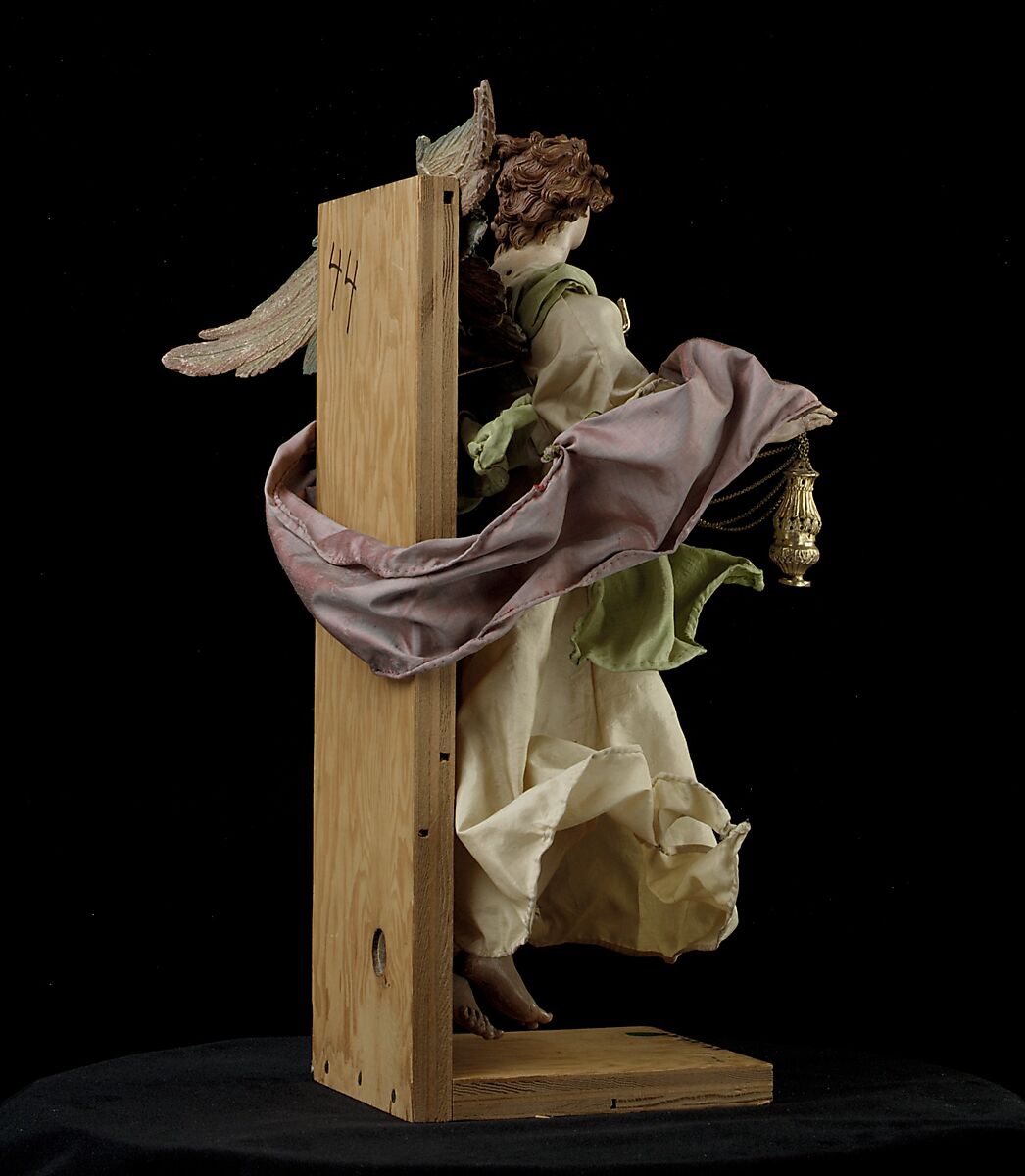 Angel, Attributed to Giuseppe Sanmartino (Italian, 1720–1793), Polychromed terracotta head; wooden limbs and wings; body of wire wrapped in tow; various fabrics, Italian, Naples